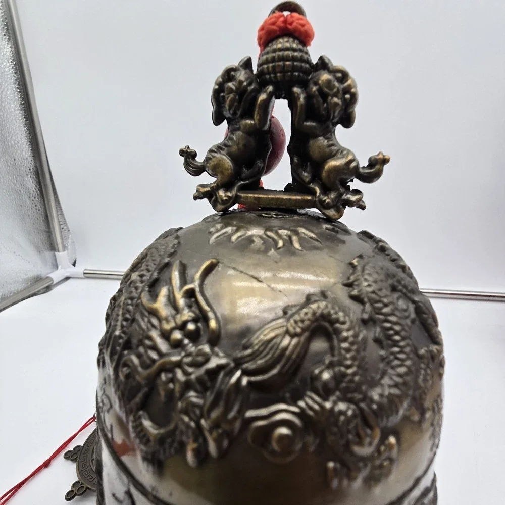 Vintage Chinese‎ Brass Bell with Dragon & Foo Dog Motif For Luck & Wealth
